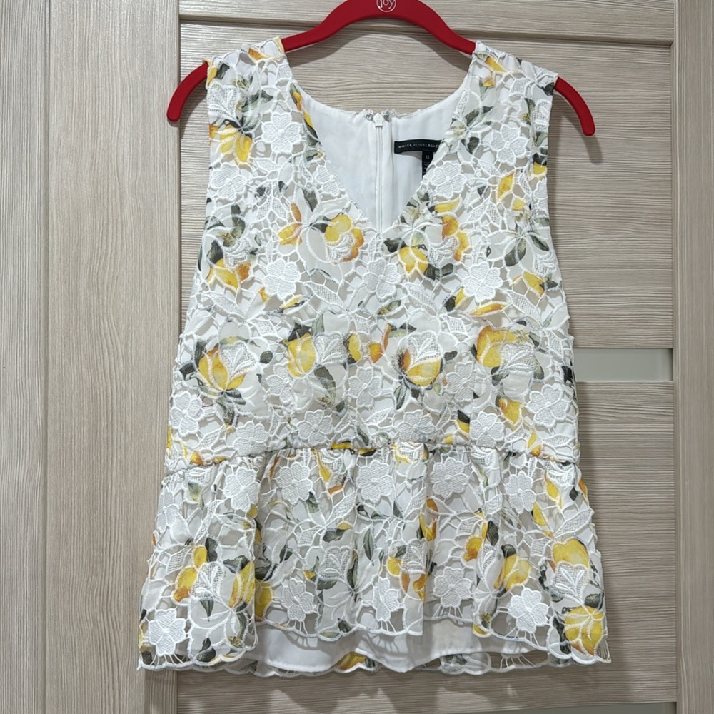 White house black market lemon print Lace peplum top Size 12 - Picture 5 of 10